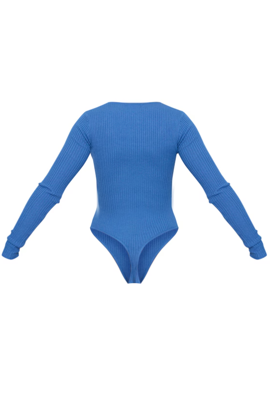 Blue Knitted Ribbed Scoop Neck Bodysuit