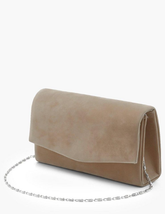 Structured Suedette Clutch Bag & Chain - taupe