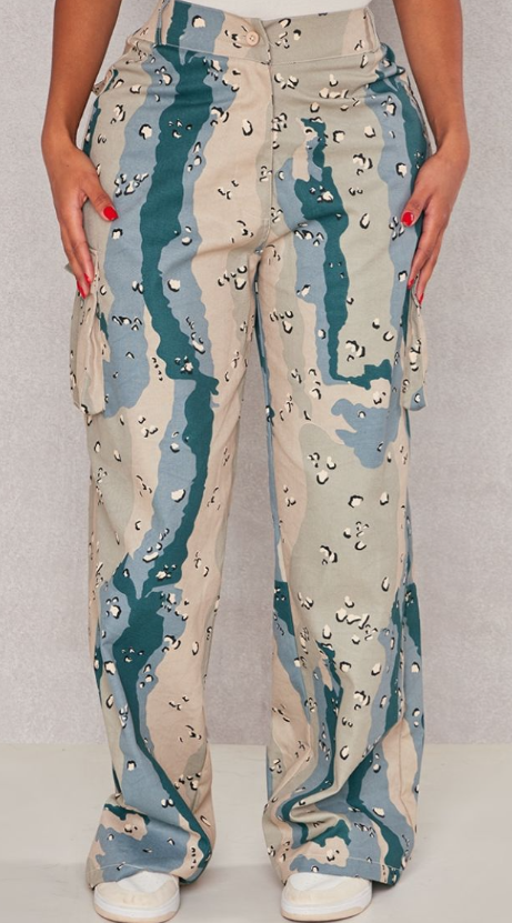 Plt - Shape Dark Grey Camo Print Pocket Detail Wide Leg Cargo Trousers