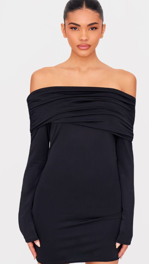 Black Matte Sculpt Double Layer Foldover Bardot Long Sleeve Mini Dress