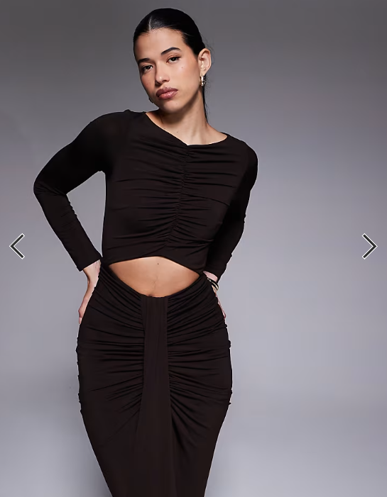 Jaded Rose slinky jersey maxi dress with cut out and ruched details in chocolate