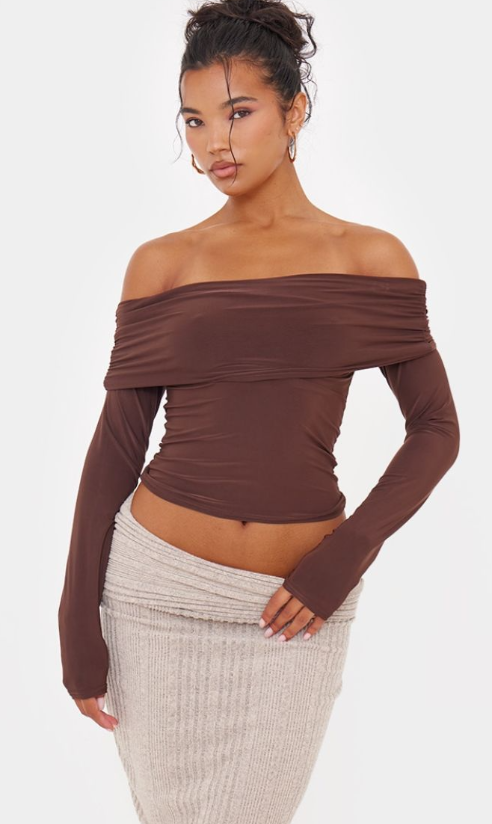 Brown Slinky Bardot Long Sleeve Long Top