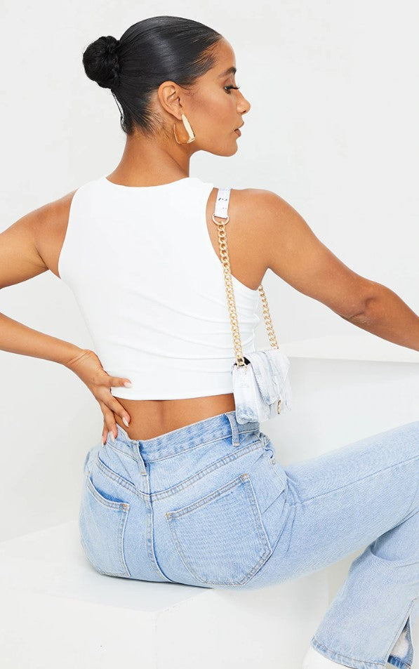 White Slinky Cross Front Key Hole Crop Top