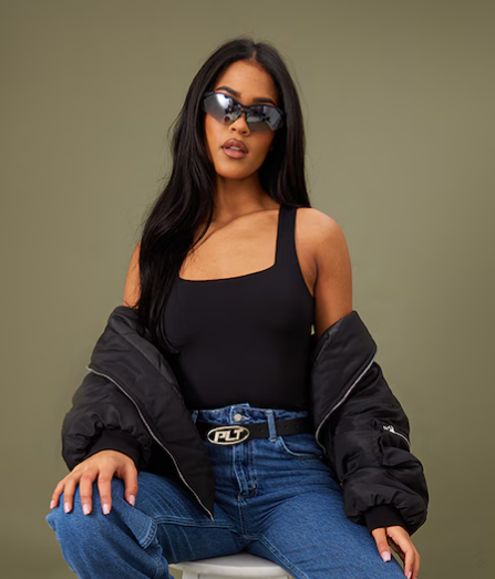 Tall Black Square Neck Slinky Highleg Bodysuit