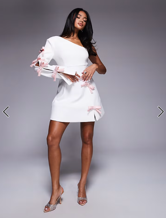 ASOS LUXE one shoulder mini dress with pink bows in white