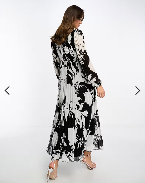 ASOS DESIGN pleated bodice plunge neck midi dress in mono floral print
