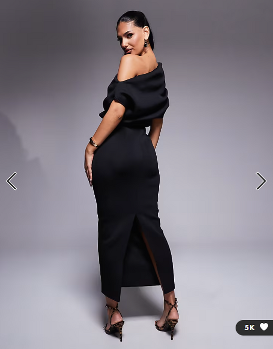 ASOS DESIGN dramatic neckline midi dress in black scuba-style fabric