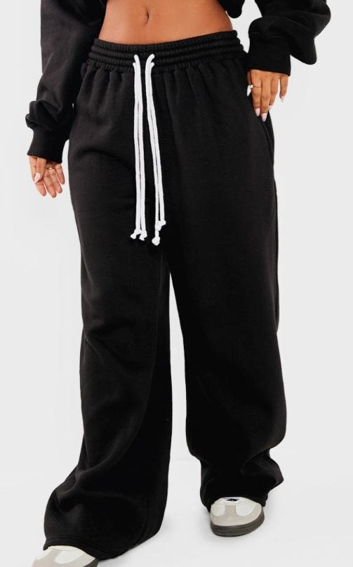 Petite Black Contrast Drawstring Wide Leg Joggers