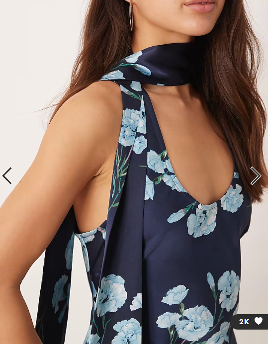 ASOS DESIGN sleeveless satin maxi dress with scarf detail in blue floral print