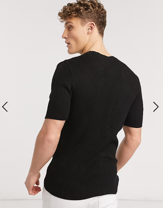 ASOS DESIGN knitted muscle fit ribbed t-shirt in black