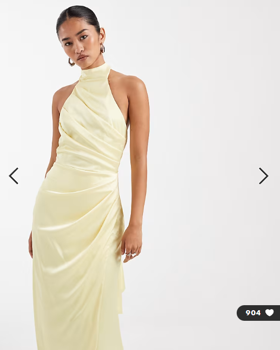 TFNC Bridesmaid satin halter neck pleat detail maxi dress in butter lemon