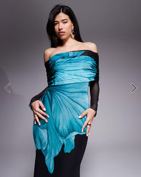 AFRM stretch mesh off the shoulder teal flower maxi dress in black
