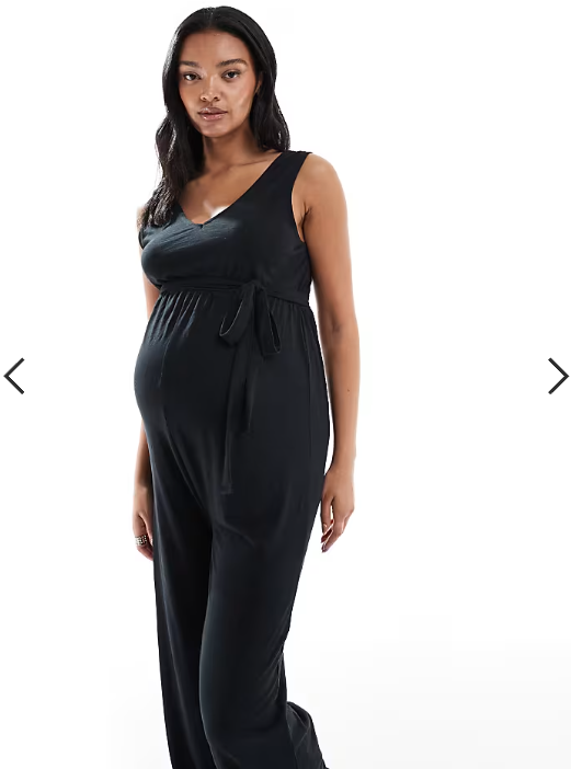 Mamalicious Maternity v neck tie waist jersey wide leg jumpsuit in black