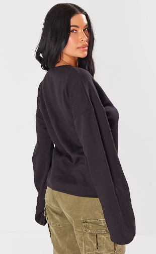 Black Tie Front Flared Sleeve Sweat Top