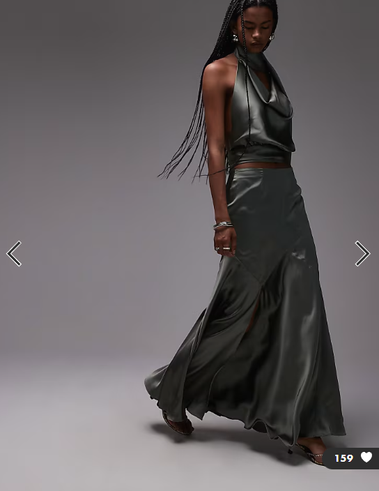 ASOS DESIGN SET satin panel bias maxi skirt and scarf top in khaki SET