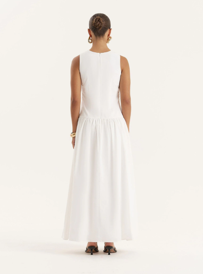 4th & Reckless White Cotton Poplin Drop Waist Maxi Dress