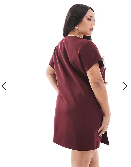Renee Studio Plus x Michelle Nayla exclusive embellished bow detail side split mini dress in burgundy
