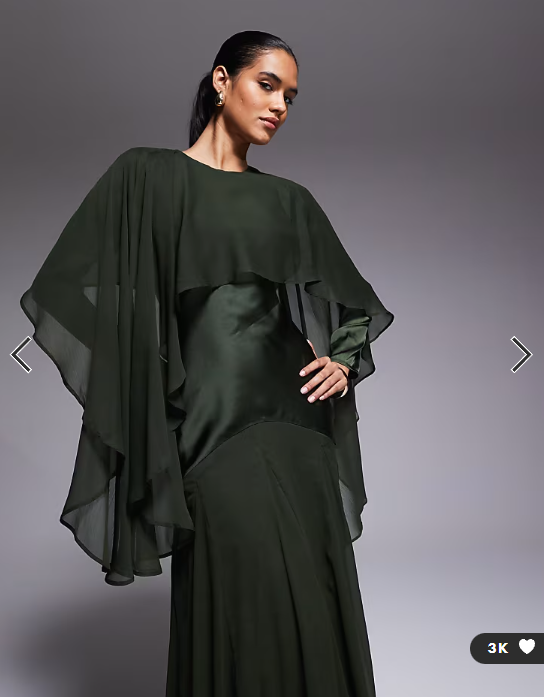 ASOS DESIGN cape detail ruffle chiffon satin mix maxi dress in dark green