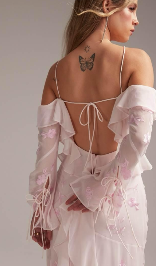 Ados - bridesmaids ruffle cold shoulder maxi dress in pink