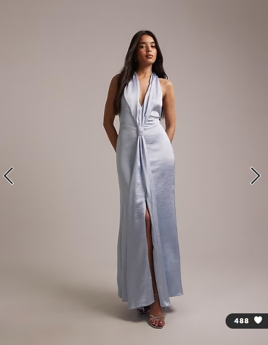 TFNC Bridesmaid satin plunge halterneck tassel detail maxi dress in blue