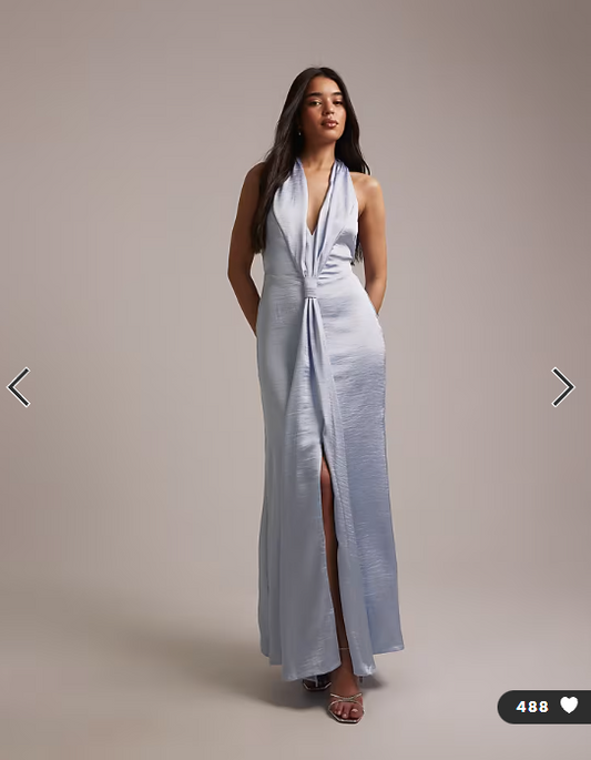 TFNC Bridesmaid satin plunge halterneck tassel detail maxi dress in blue