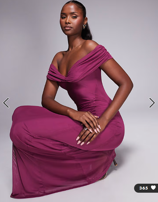 ASOS DESIGN mesh off shoulder ruched maxi dress in plum