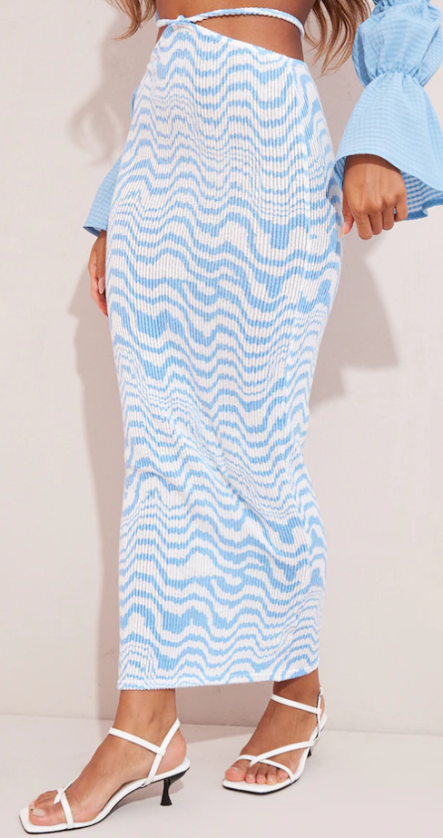 Cornflower Blue Swirl Printed Rib Midi Skirt