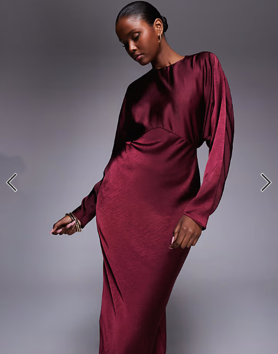 ASOS DESIGN satin batwing maxi dress in burgundy