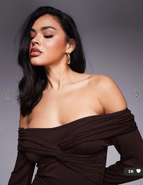 ASOS DESIGN off shoulder twist midi dress with long sleeves in chocolate