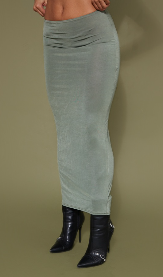 Khaki Slinky Low Waist Midaxi Skirt