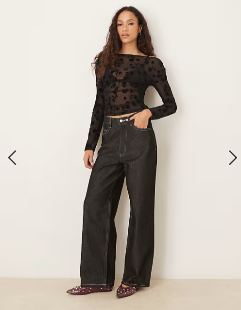 ASOS DESIGN flocked asymmetric cinched top in black