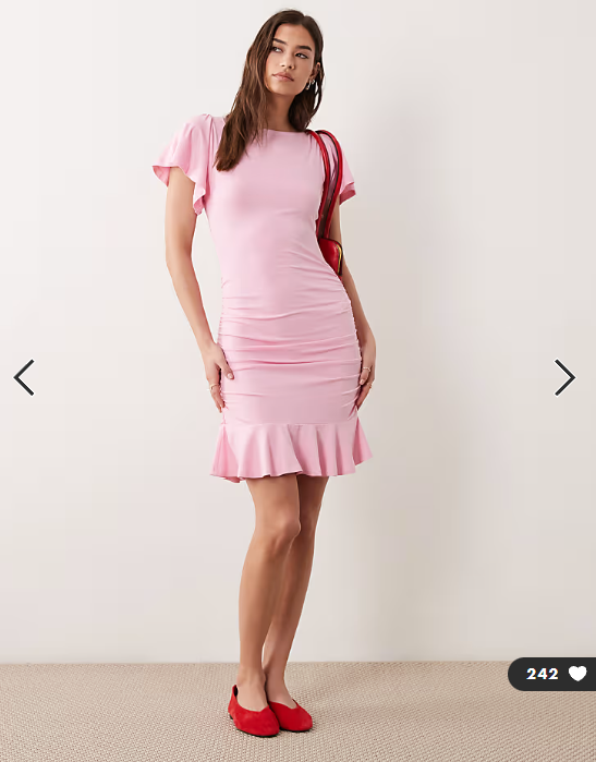 ASOS DESIGN flutter angle sleeve slash neck ruched mini dress in pastel pink