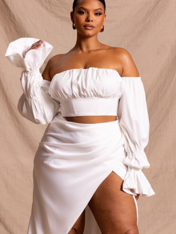 Plus Premium White Constructed Satin Ruched Balloon Sleeve Crop Top
