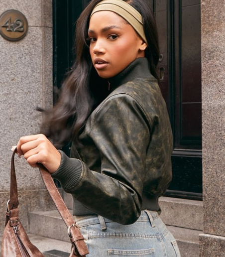 Washed Khaki Faux Leather Rib High Neck Shoulder Padded Bomber Jacket