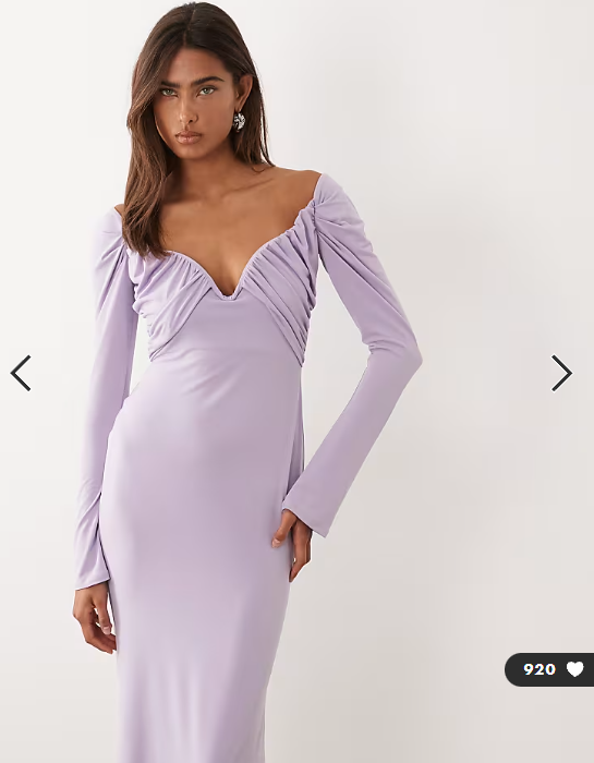 ASOS DESIGN slinky bardot midi dress with wired bust in lilac