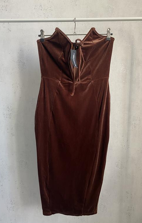 Chocolate Velvet Extreme V Bar Tie Detail Midi Dress