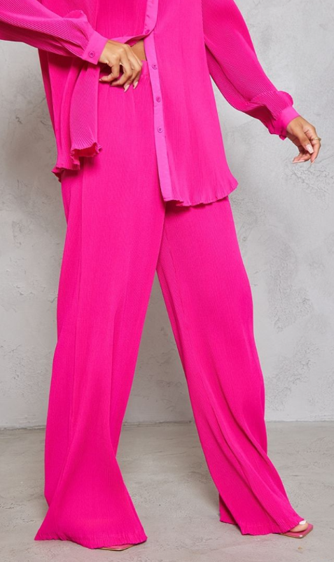 Hot Pink Plisse High Waisted Wide Leg Trousers
