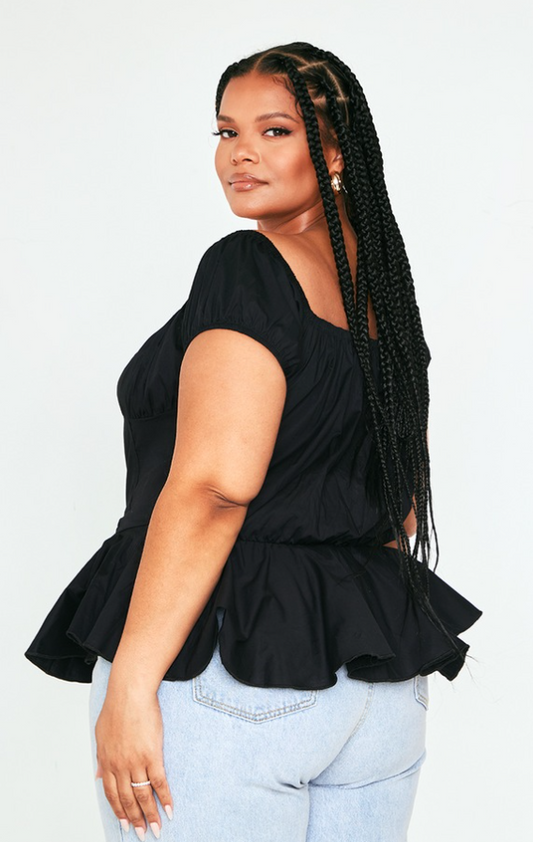 Plus Black Poplin Peplum Hem Long Top