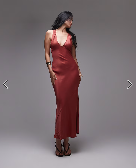 Topshop deep plunge satin maxi dress in rust