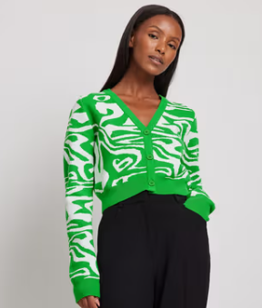 Na-kd -  Jacquard Knitted Cropped Cardigan Green & White