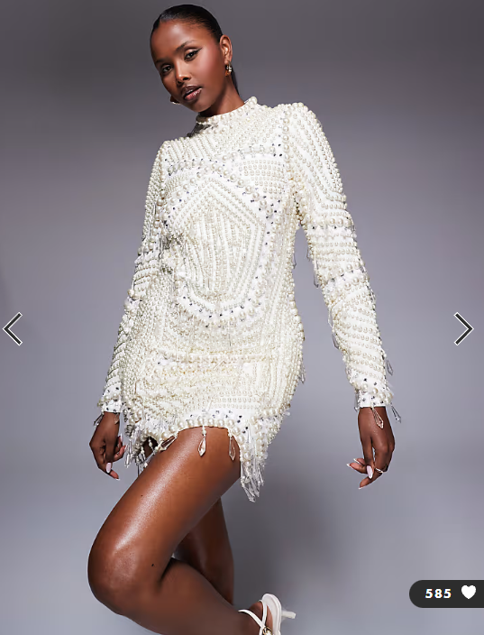 ASOS LUXE pearl embellished long sleeve mini dress in cream