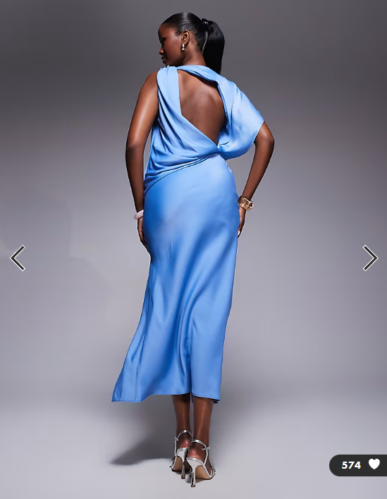 ASOS DESIGN drape bodice satin midi dress with trim detail in blue