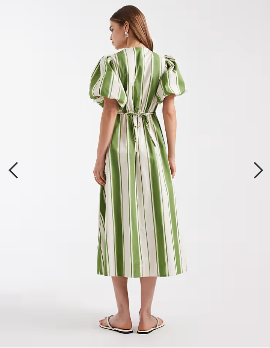 New Look stripe puff sleeve v neck midi dress in cream