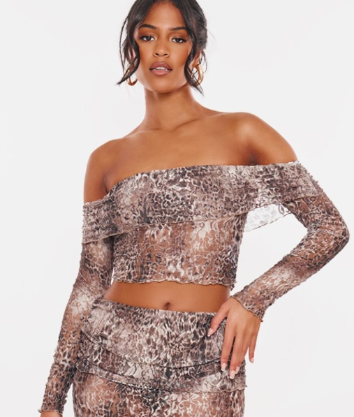Tall Leopard Crushed Lace Bardot Top