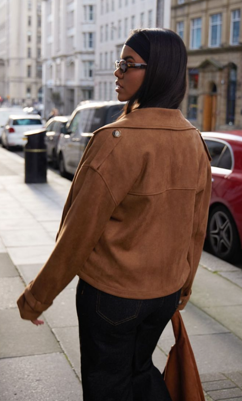 Brown Faux Suede Double Breasted Cropped Trench Coat