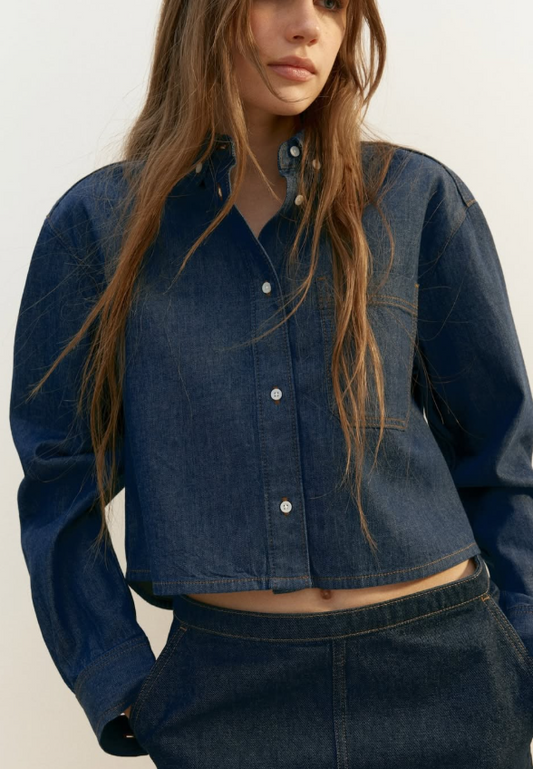 H&M -DENIM SHIRT - Dark Denim Blue