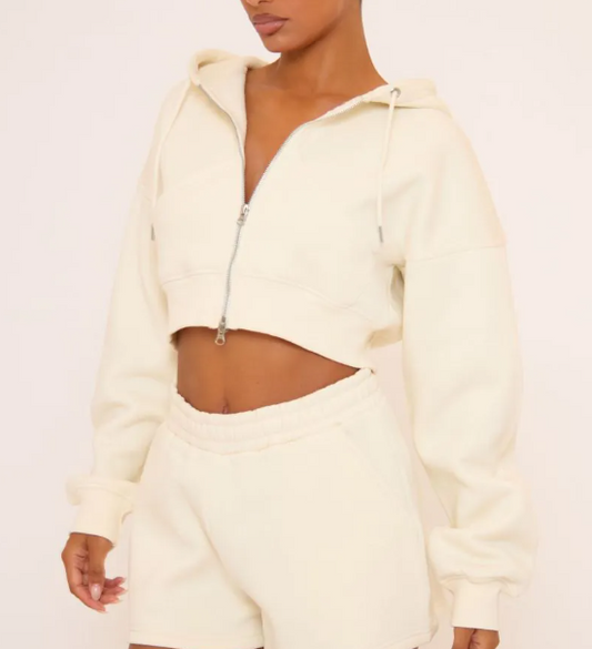 Logn Sleeve Double Zip Front Boxy Hoodie In Cream