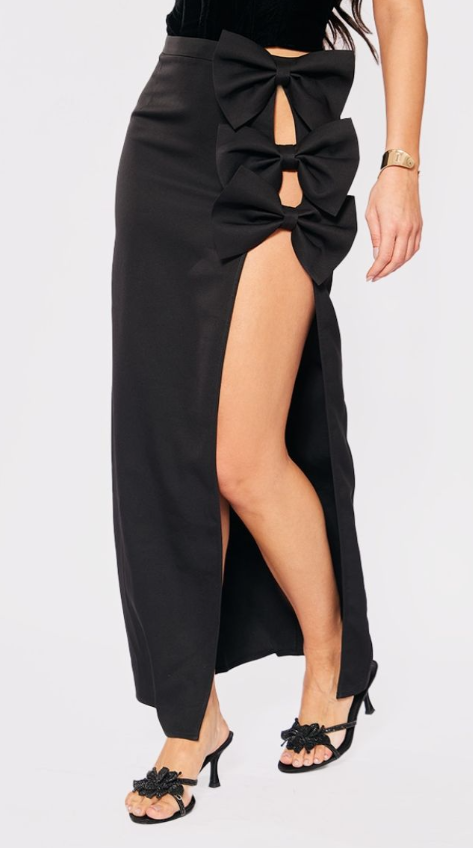 Black Woven Bow Thigh Detail Maxi Skirt