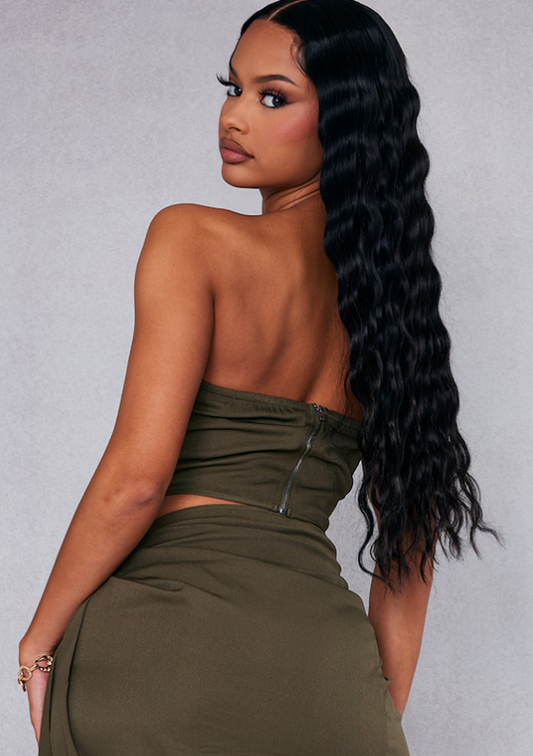 Khaki Woven Structured Bandeau Corset