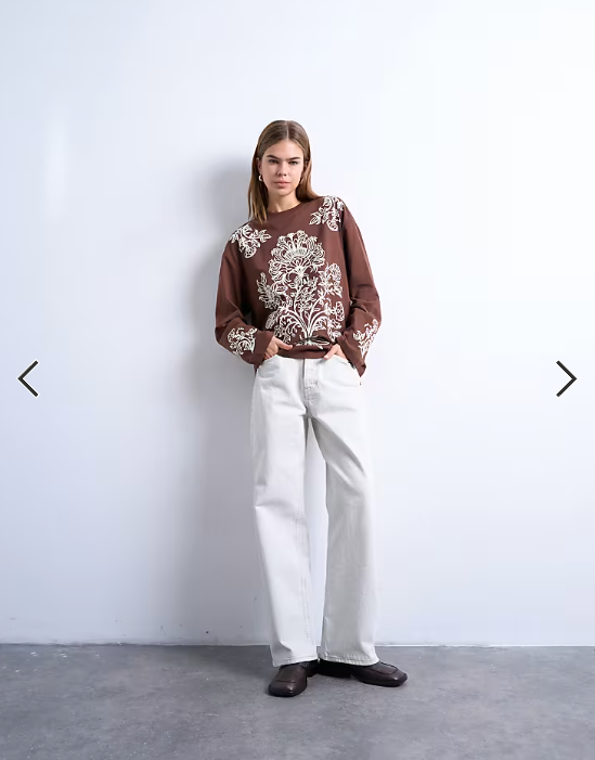 Topshop graphic paisley long sleeve skater tee in brown